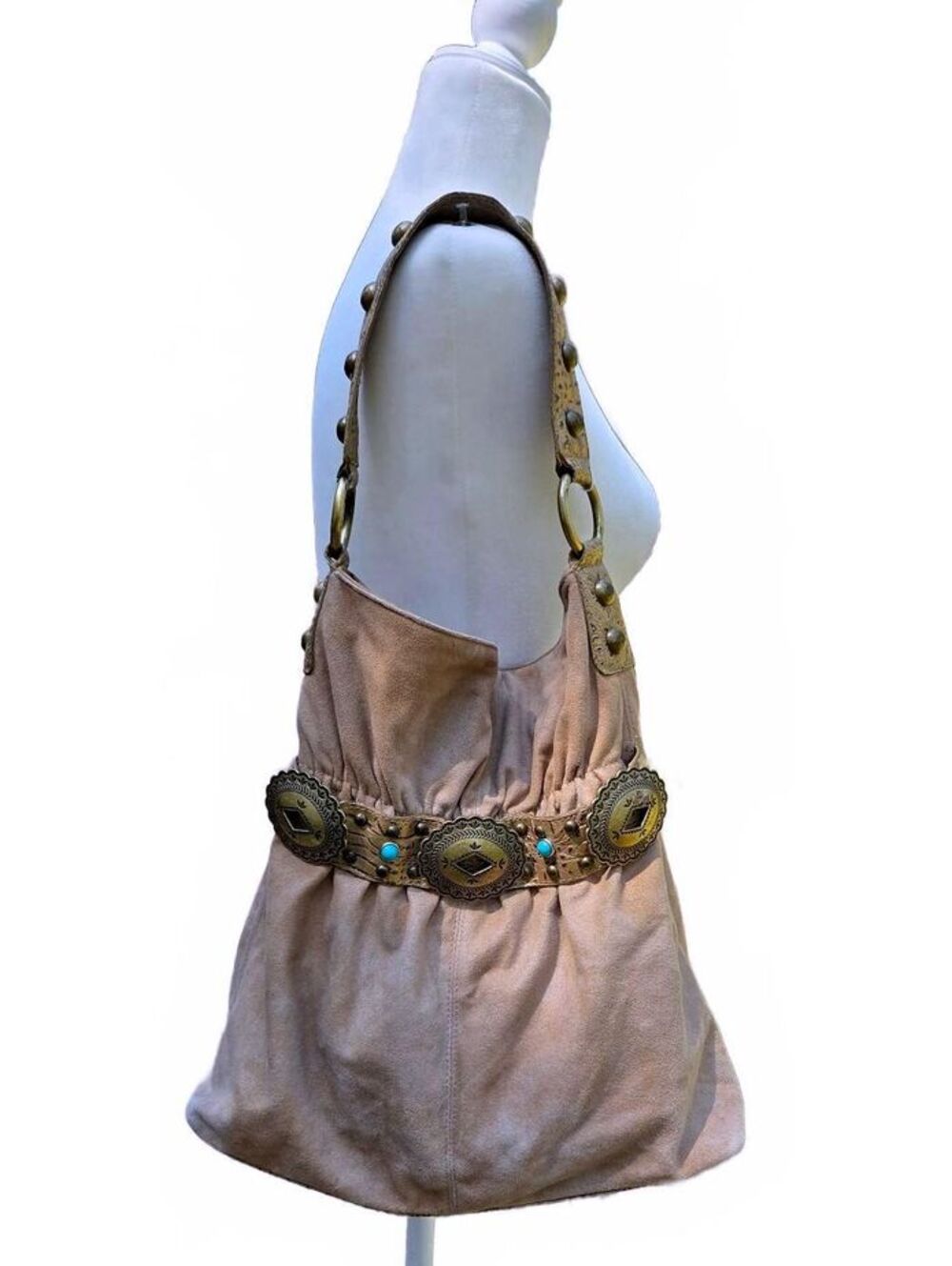 Vintage Kathy Van Zeeland Tan Faux Suede Concho Belt Studded Hobo Shoulder Bag